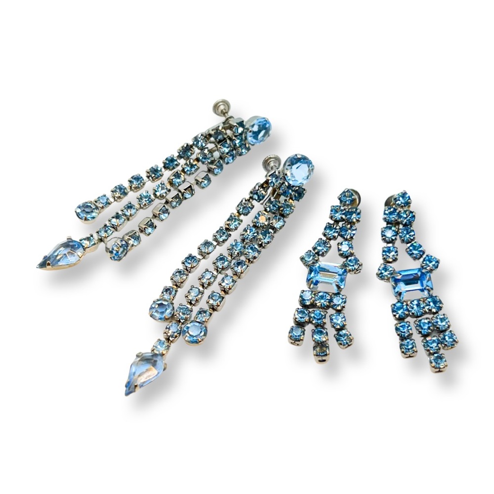 Vintage Mid-Century Blue Crystal Rhinestone Earrings 2 Pair
